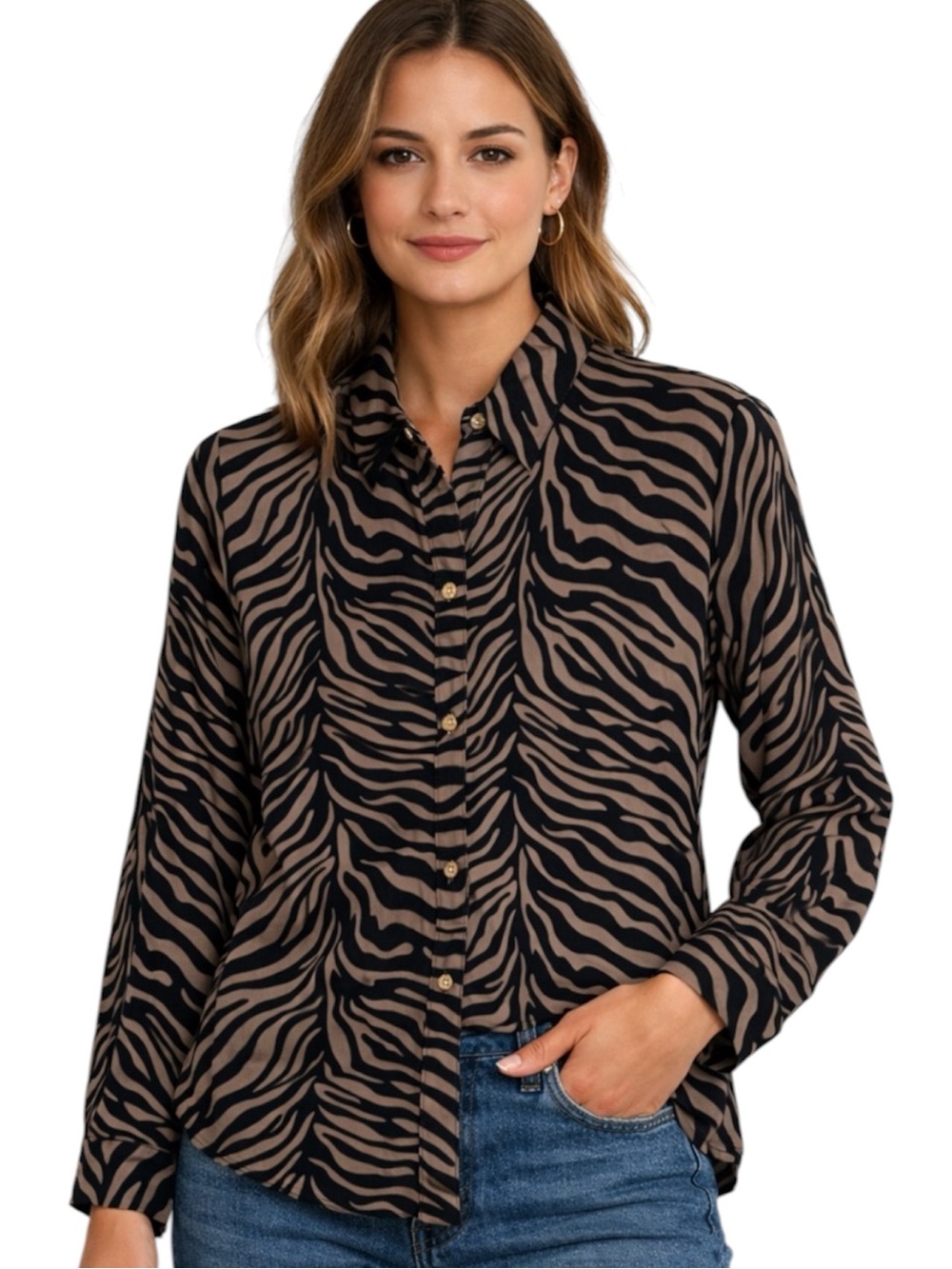 Escapada Veda Long-Sleeve Blouse | Brown & Black Zebra Print Size S
ZZ